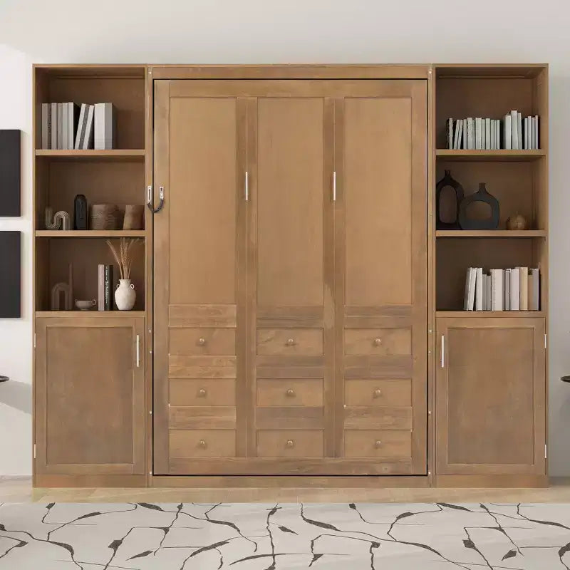 Letto a scomparsa matrimoniale in legno con mensole e armadietti, letto a muro pieghevole, naturale - ModernLuxe