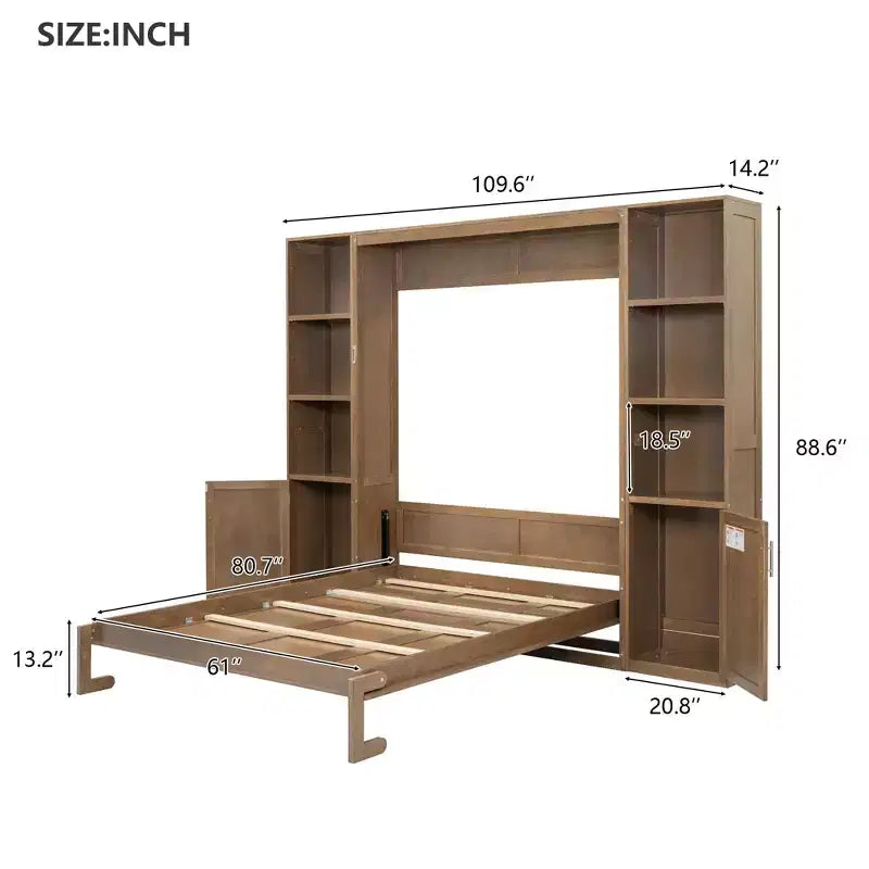 Letto a scomparsa matrimoniale in legno con mensole e armadietti, letto a muro pieghevole, naturale - ModernLuxe