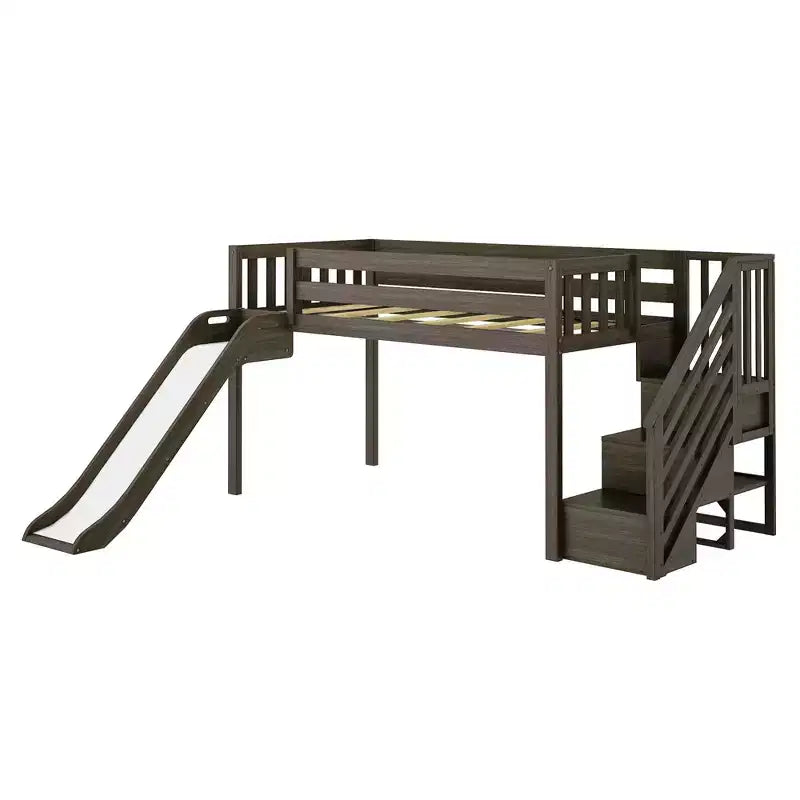 Letto a soppalco basso per due con scale, scivolo facile e tenda da fattoria rosa chiaro e bianca