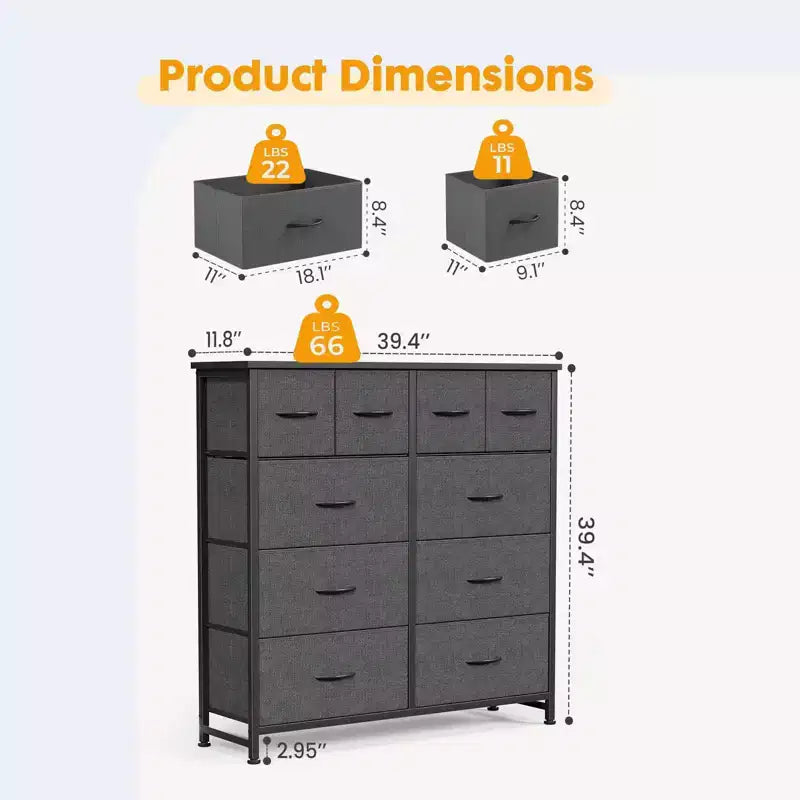 JIONJOY Cassettiera a 10 cassetti - Organizzatore facile da montare per camera da letto, con design antiribaltamento e piedini regolabili, grigio