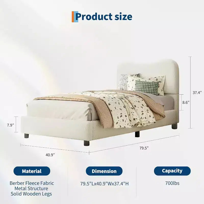 GustoWave Struttura Letto Imbottita in Boucle con Testiera, Non Richiede Rete a Molle