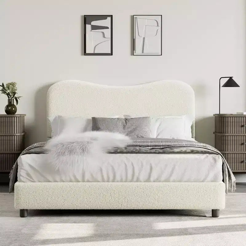 GustoWave Struttura Letto Imbottita in Boucle con Testiera, Non Richiede Rete a Molle