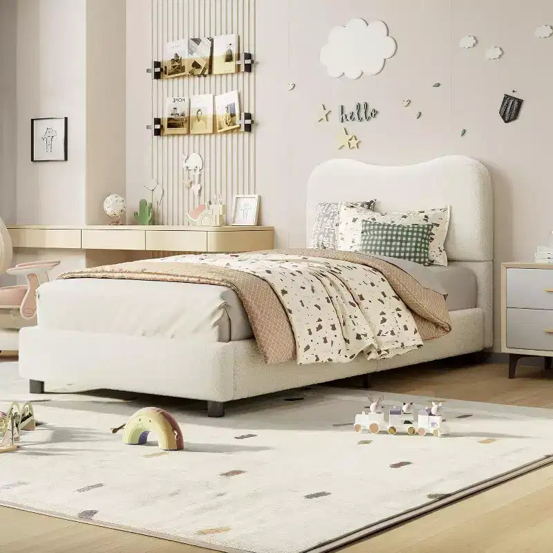 GustoWave Struttura Letto Imbottita in Boucle con Testiera, Non Richiede Rete a Molle