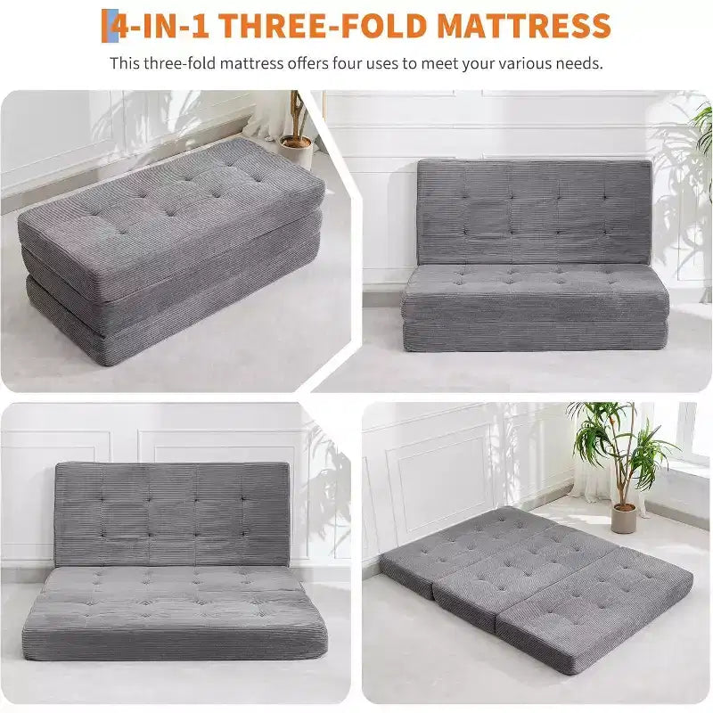 SunnyFurn Materasso a Tre Pieghe da 6 Pollici per Divano Letto, Letto Pieghevole in Schiuma per Ospiti con Corduroy Trapuntato, Portatile per Campeggio, Soggiorno, Camera da Letto