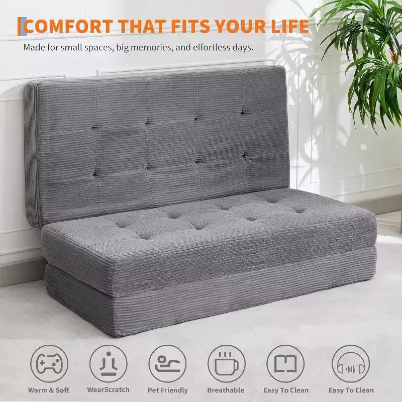 SunnyFurn Materasso a Tre Pieghe da 6 Pollici per Divano Letto, Letto Pieghevole in Schiuma per Ospiti con Corduroy Trapuntato, Portatile per Campeggio, Soggiorno, Camera da Letto