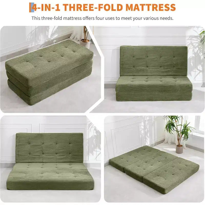 SunnyFurn Materasso a Tre Pieghe da 6 Pollici per Divano Letto, Letto Pieghevole in Schiuma per Ospiti con Corduroy Trapuntato, Portatile per Campeggio, Soggiorno, Camera da Letto
