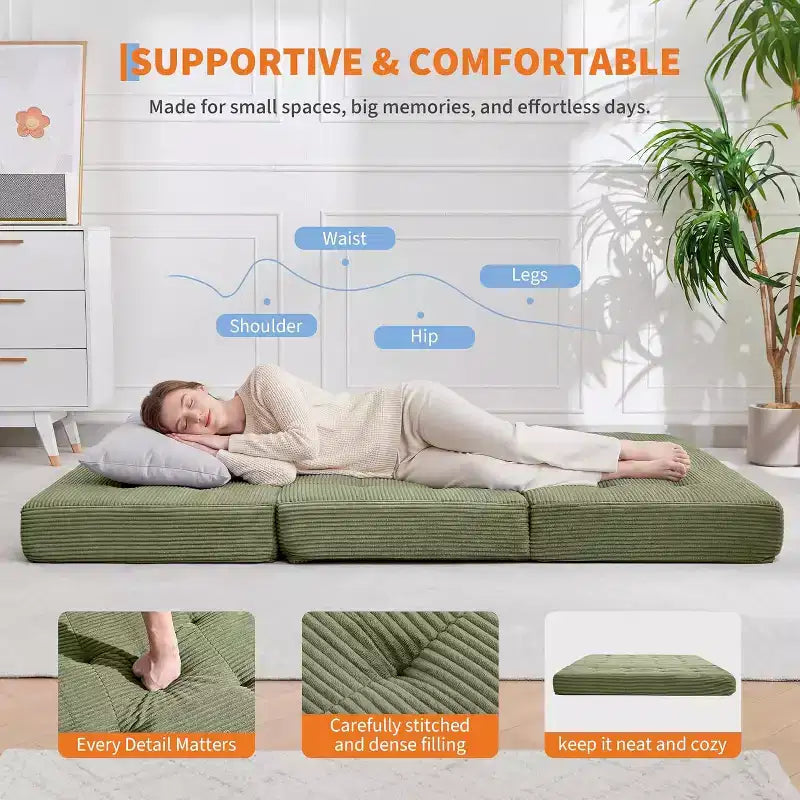 SunnyFurn Materasso a Tre Pieghe da 6 Pollici per Divano Letto, Letto Pieghevole in Schiuma per Ospiti con Corduroy Trapuntato, Portatile per Campeggio, Soggiorno, Camera da Letto