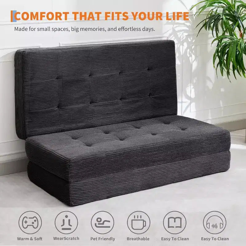 SunnyFurn Materasso a Tre Pieghe da 6 Pollici per Divano Letto, Letto Pieghevole in Schiuma per Ospiti con Corduroy Trapuntato, Portatile per Campeggio, Soggiorno, Camera da Letto