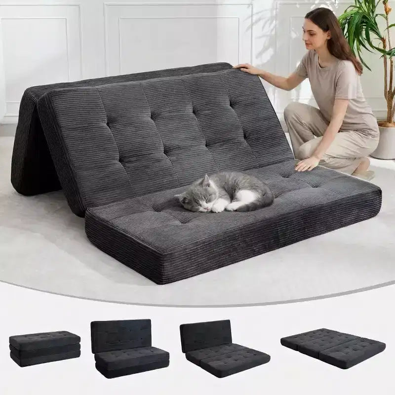 SunnyFurn 6 Inch Tri-Fold Mattress Sofa Bed, Foam Folding Guest Bed with Tufted Corduroy, Portable for Camping, Living Room, Bedroom