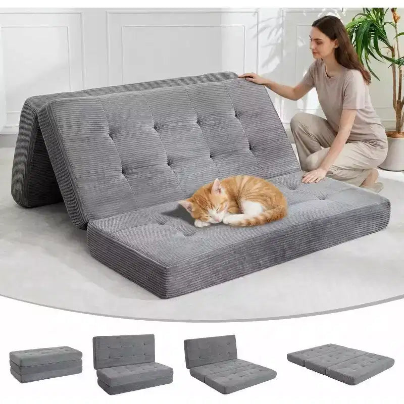 SunnyFurn Materasso a Tre Pieghe da 6 Pollici per Divano Letto, Letto Pieghevole in Schiuma per Ospiti con Corduroy Trapuntato, Portatile per Campeggio, Soggiorno, Camera da Letto