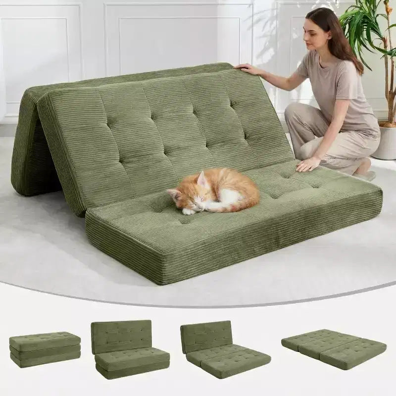 SunnyFurn Materasso a Tre Pieghe da 6 Pollici per Divano Letto, Letto Pieghevole in Schiuma per Ospiti con Corduroy Trapuntato, Portatile per Campeggio, Soggiorno, Camera da Letto