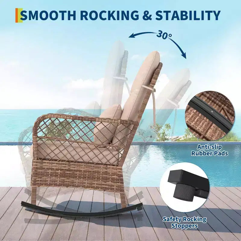 Sedia a dondolo da esterno in vimini con schienale alto e cuscini, sedia da esterno in rattan per portico resistente alle intemperie, rivestimenti sfoderabili e lavabili, capacità 150 kg