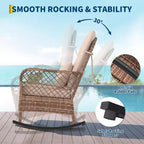 Sedia a dondolo da esterno in vimini con schienale alto e cuscini, sedia da esterno in rattan per portico resistente alle intemperie, rivestimenti sfoderabili e lavabili, capacità 150 kg