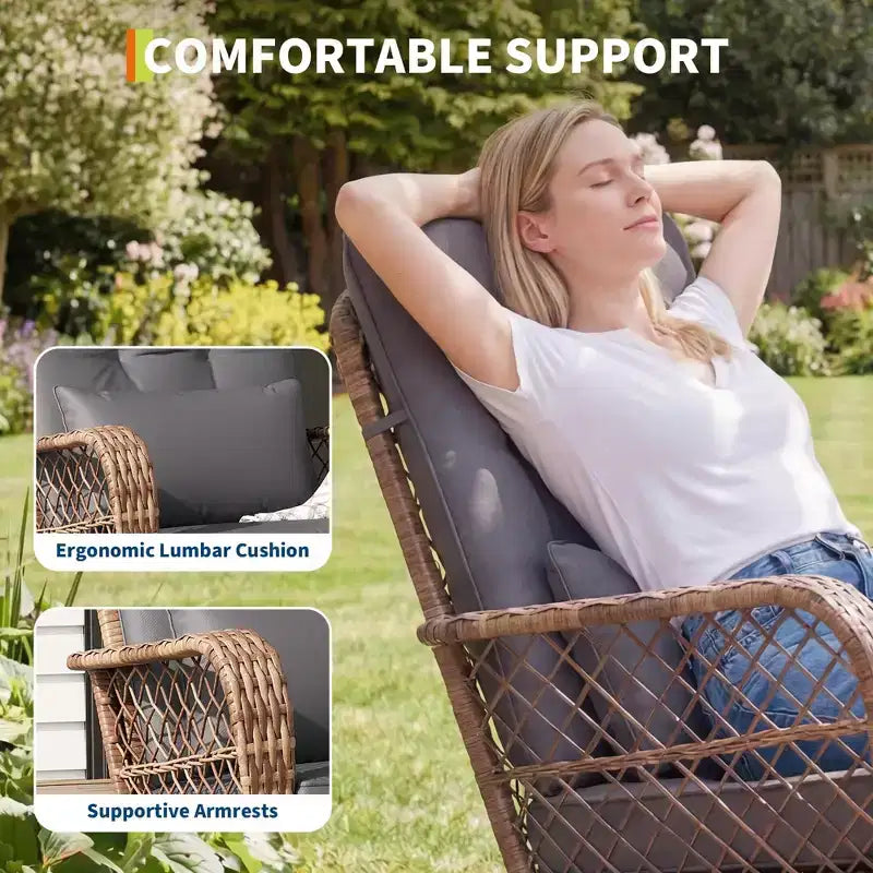 Sedia a dondolo da esterno in vimini con schienale alto e cuscini, sedia da esterno in rattan per portico resistente alle intemperie, rivestimenti sfoderabili e lavabili, capacità 150 kg