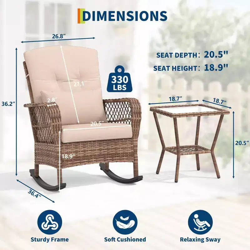Sedia a dondolo da esterno in vimini con schienale alto e cuscini, sedia da esterno in rattan per portico resistente alle intemperie, rivestimenti sfoderabili e lavabili, capacità 150 kg