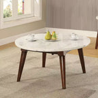 Tavolino da caffè Gasha da 36" - Piano in marmo bianco e noce - Acme Furniture: Moderno metà secolo, Rotondo, Gambe in legno, Montaggio senza attrezzi