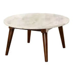 Tavolino da caffè Gasha da 36" - Piano in marmo bianco e noce - Acme Furniture: Moderno metà secolo, Rotondo, Gambe in legno, Montaggio senza attrezzi