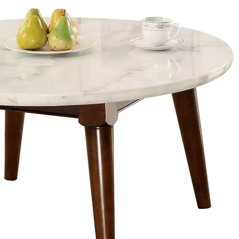 Tavolino da caffè Gasha da 36" - Piano in marmo bianco e noce - Acme Furniture: Moderno metà secolo, Rotondo, Gambe in legno, Montaggio senza attrezzi